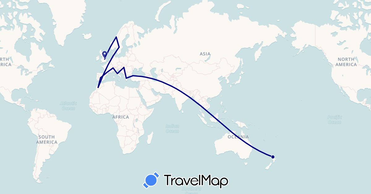 TravelMap itinerary: driving in Switzerland, Spain, United Kingdom, Greece, Croatia, Hungary, Italy, Morocco, Malaysia, Norway, New Zealand, Sweden, Turkey (Africa, Asia, Europe, Oceania)